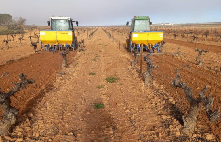 Son dos tractores de tamaño mediano labrando el campo de viña.